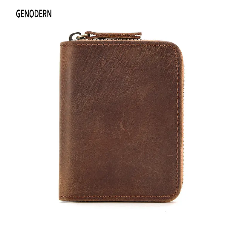 

GENODERN RFID Card Holders for Men Real Leather Bank Card Holder Short Zipper Brown Coffee Organ Cards Wallet Coin Purse Men