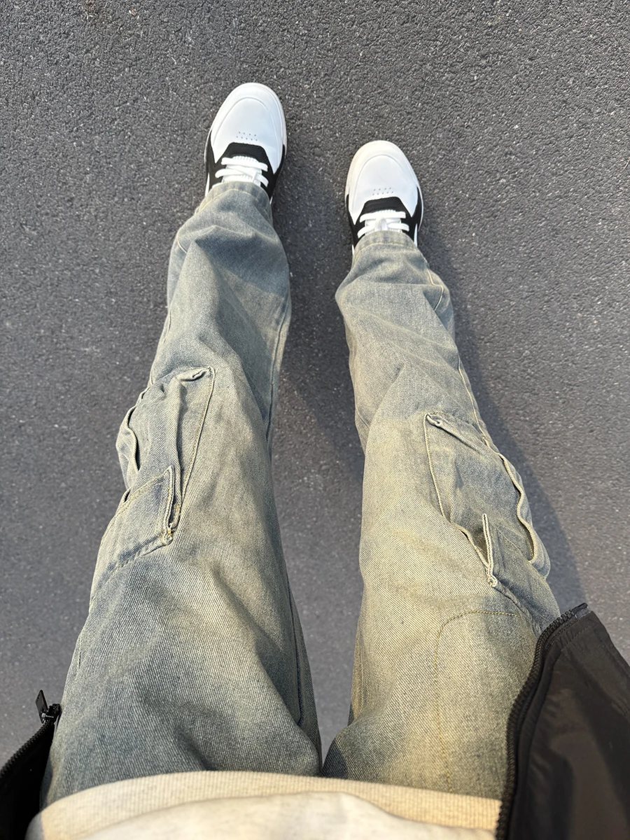 

Men's Workwear Jeans Spring Autumn Loose Waed Knife Straight Leg Long Trousers Multiple kets Youth Faion