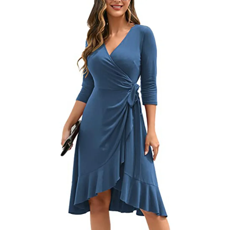 New Women's Deep V Collar 3/4 Sleeve Pleated Casual Cocktail Party Work Dress