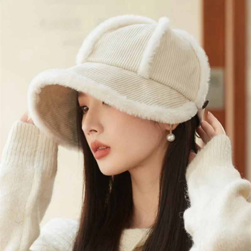 

Hat Women's Autumn Winter Velvet Warm Duck Tongue Hat Show Face Small Casual Drawstring Fisherman's Hat Fashionable 56-58cm