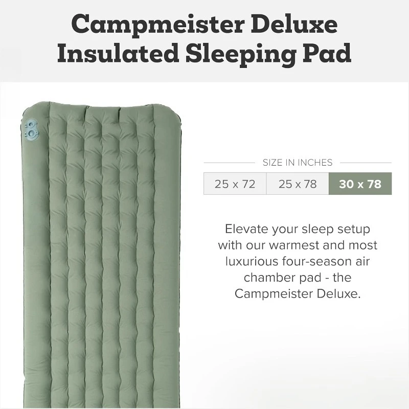 Campmeister Deluxe - وسادة نوم معزولة، حصيرة قابلة للنفخ خفيفة الوزن للتخييم، حقيبة ظهر مدمجة لجميع المواسم
