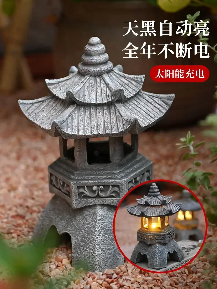 Stone pagoda courtyard decorative ornaments solar lamp outdoor palace lantern garden layout B&B Japanese balcony