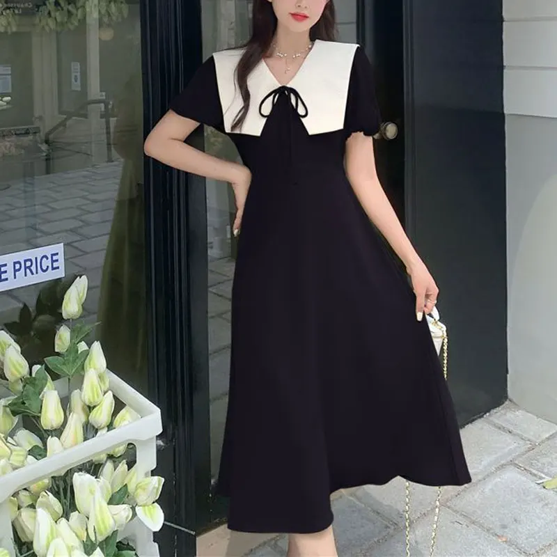 Fashion Drawstring Doll Collar Dresses Summer French Style Solid Color Women's Clothing A-Line Elegant Puff Sleeve Midi Dress