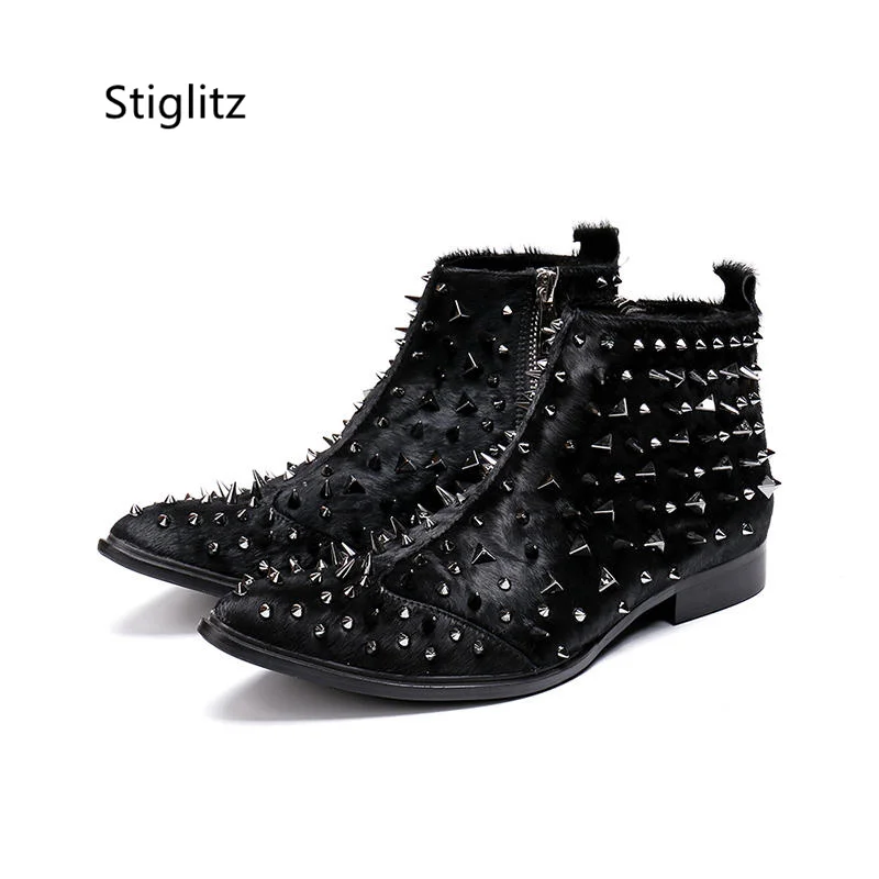 

Punk Rivet Horsehair Men's Boots Pointed Toe Side Zipper High Top Ankle Boots Black Business Party Shoes Winter Chelsea Boots