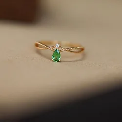 925 Sterling Silver Plating18K Gold Retro Green Water Droplet Zircon Ring for Women French Fashion Temperament Party Jewelry