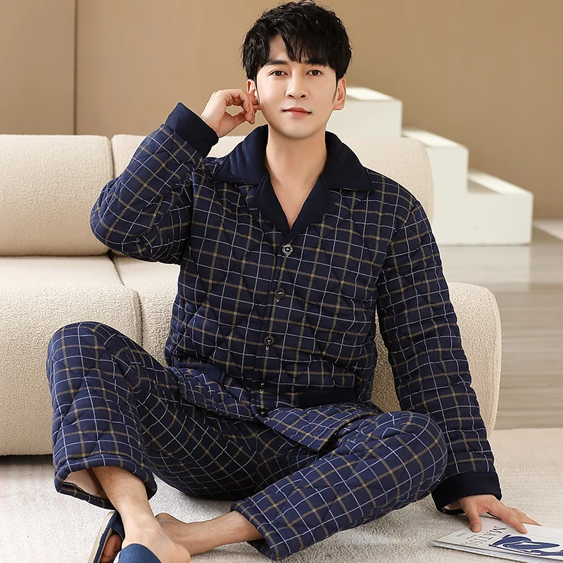 Xadrez impressão acolchoado pijamas masculinos conjunto de inverno puro algodão grosso manga longa calças conjunto casual outono serviço de casa masculino pijamas