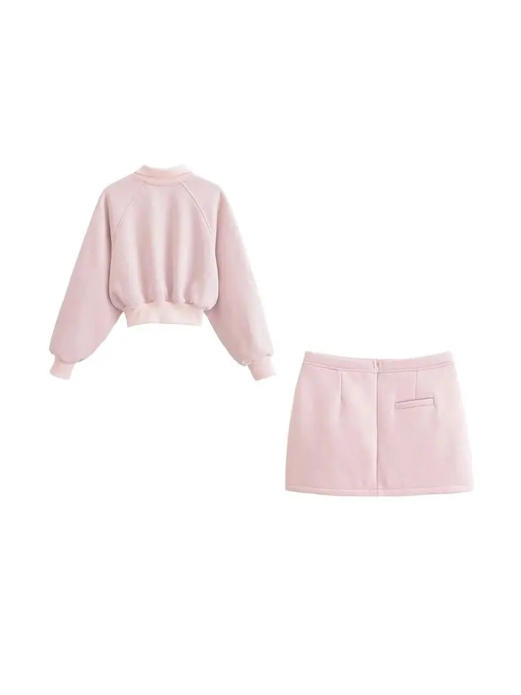 Women Fashion With Zip Cropped Sweatshirt And Mid Waist Back Zipper Mini Skirt Female Two Piece Sets Mujer