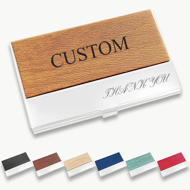 

Stainless Steel Business Card Case Custom LOGO TEXT Laser Engrave Personalized Name Card Case with Leather Veneers Men Women