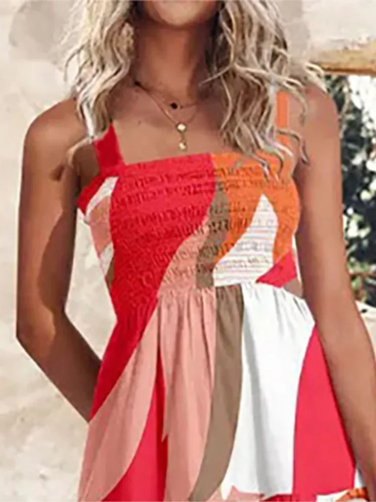 Robe longue amincissante pour femmes, motif Orange, col carré, large bretelles, chemise, taille à volants, robe de vacances, été, ligne a