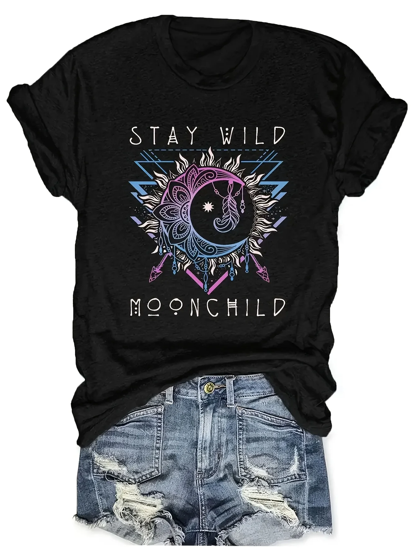 

Sun & Moon Printed Round Neck T-Shirt Spring/Summer Casual Short Sleeve Women's Top