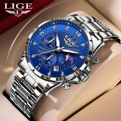 LIGE Luxury 24H Moon Phase Quartz Man Watch Fashion Waterproof Luminous Stainless Steel Band Business Gentleman Watches for Mens