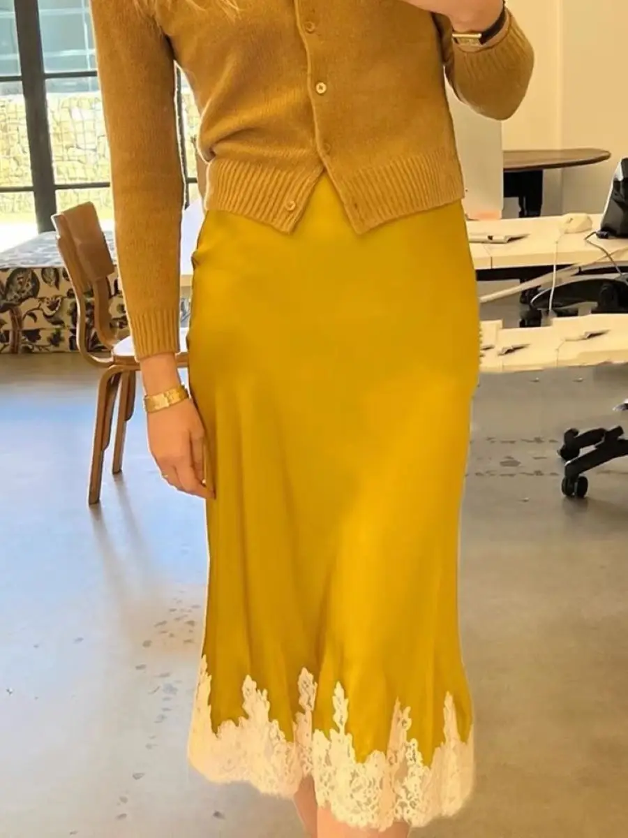 7 Colors Women 100% Silk Long Skirt Diagonal Cut Lace Embroidery Patchwork Elastic Waist Elegant Slim Midi Jupe
