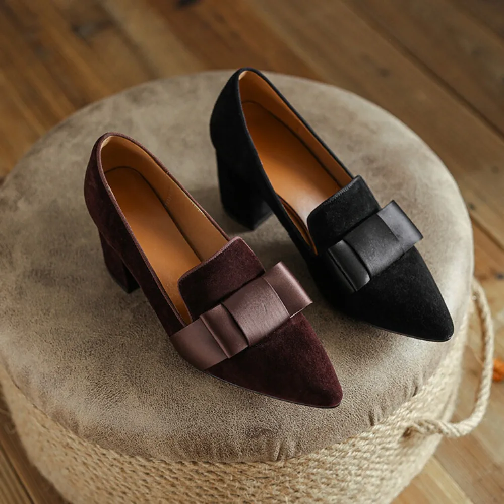 

2026 Spring Classic Women's Suede High Heels, Pointed Toe Slip-On with Bow for Office & Party