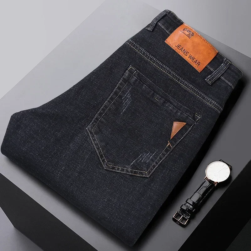 Männer Weiche Gerade Denim Hosen 2025, Herbst Klassische Business Schwarz Biker Jeans Overalls Masculino Pantalone Hombre Männer Homme