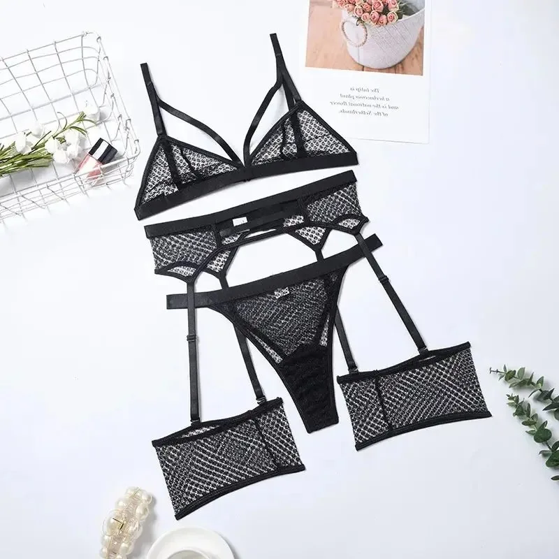 

Women Sexy Lingerie Intimates Sexo Sheer Lace Bra+ Garter Belt+G-string Thong Sexy Lingerie Erotic Hot Bra Briefs Cosplay Set