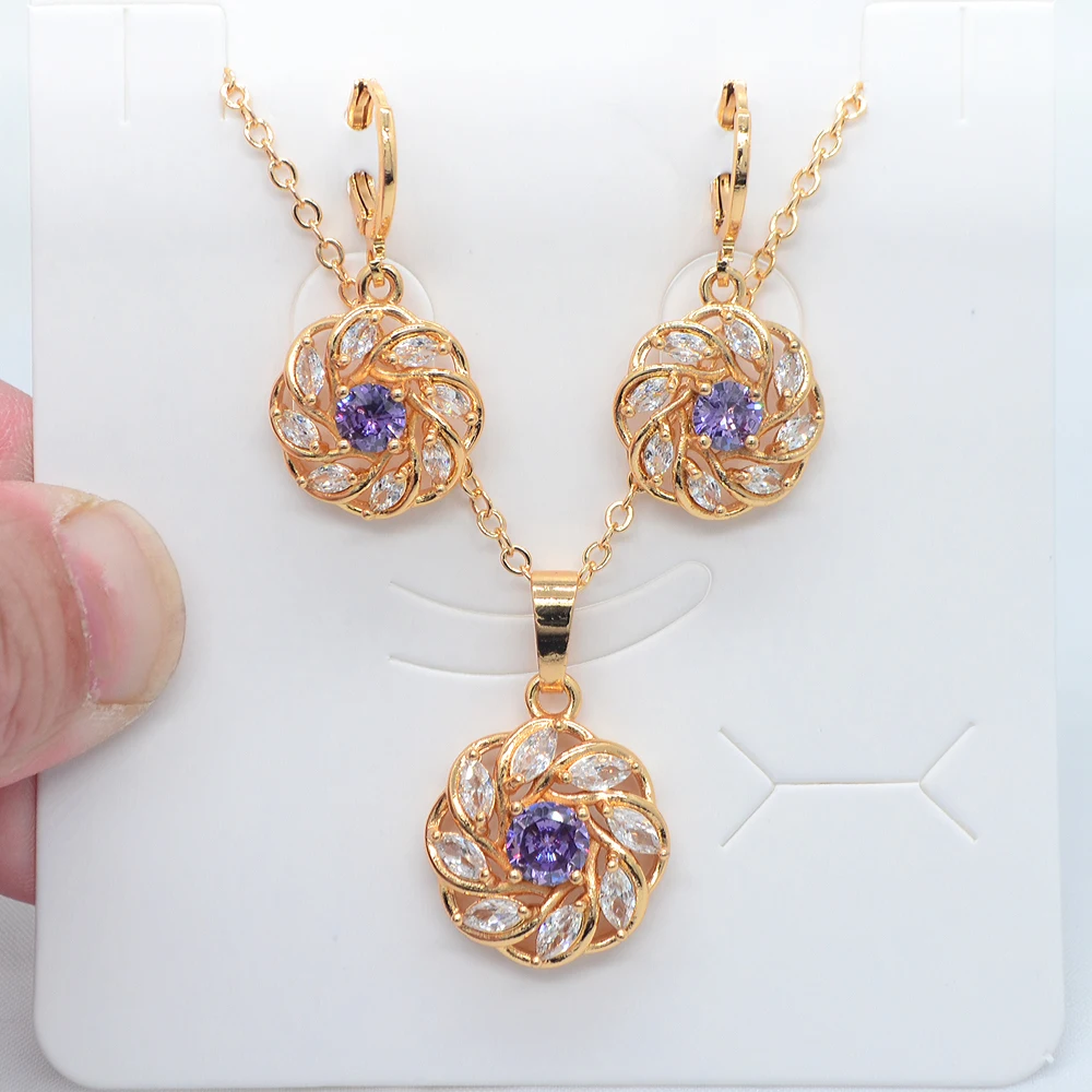 Fashion Gold Color Women Purple Cubic Zirconia Round Flower Jewelry Set