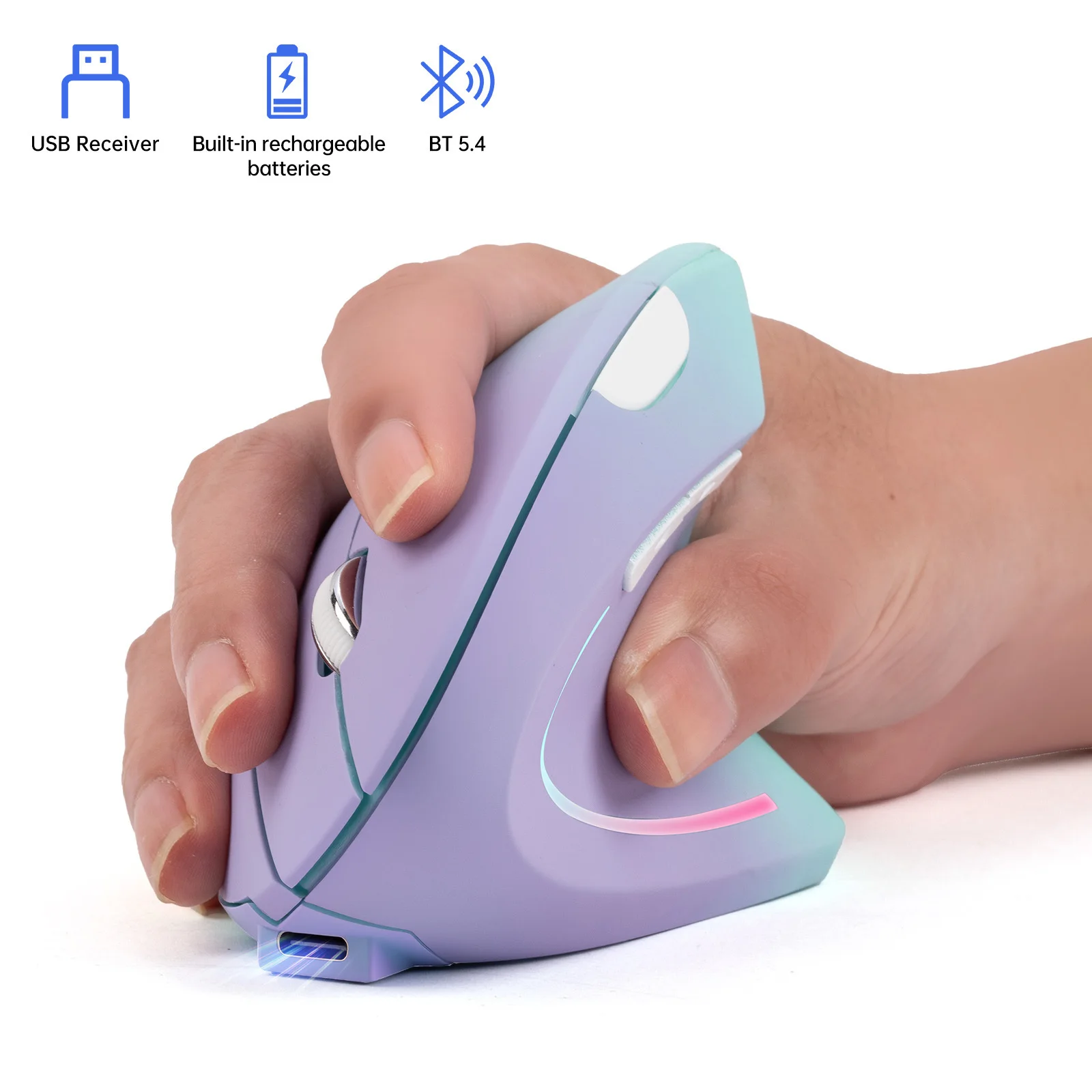 Ergonomic Vertical Wireless Gradient Colored Mouse With 2.4G BT5.4 Dual Mode Rechargeable Silent Buttons 3 Level Adjustable DPI