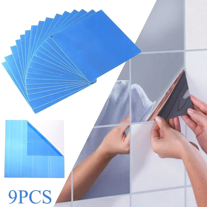 9PCS 15*15cm Mirror Wall Stickers Squares Self Adhesive PET Mirror Tiles DIY Decal Bedroom Bathroom Wall Paper Mural Home Decor