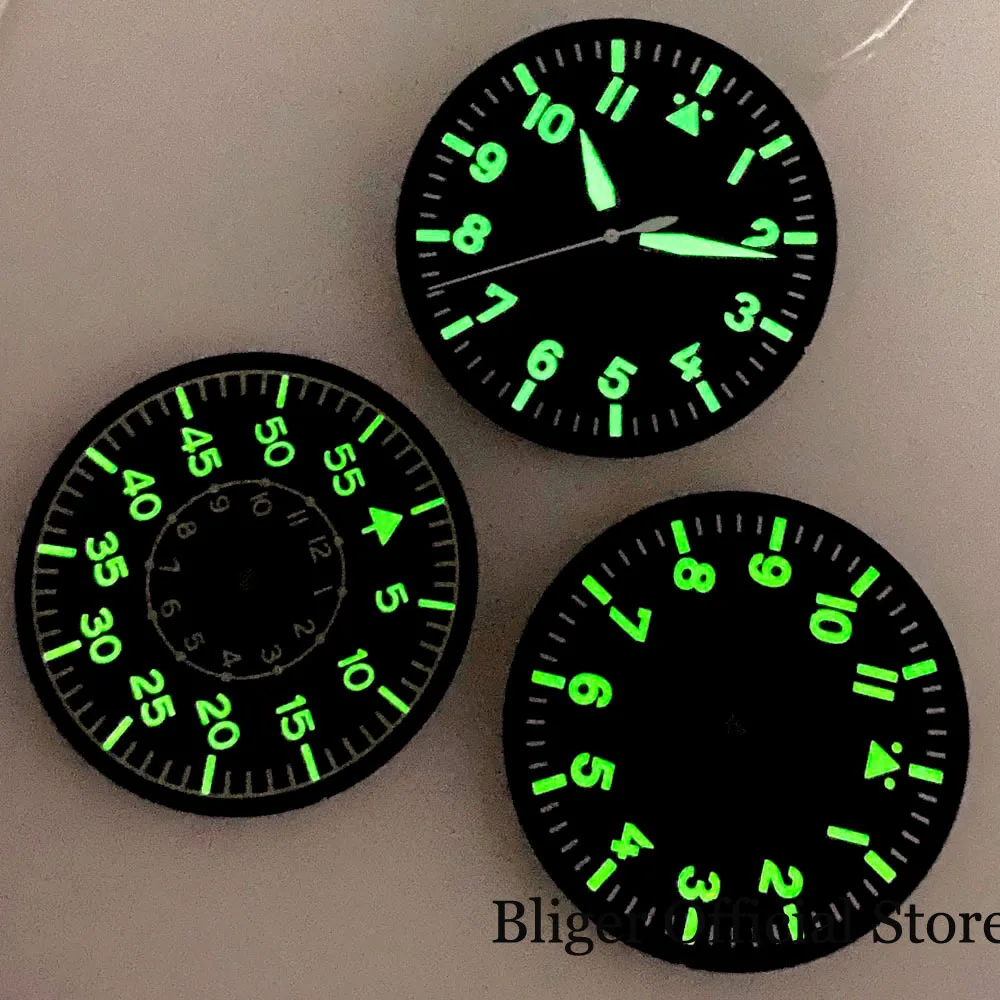 Nologo 35.5mm Black Watch Dial Face Green Lume Marks fit NH35A NH36A ETA2824 2836 MIYOTA 8215 821A ST1612 PT5000