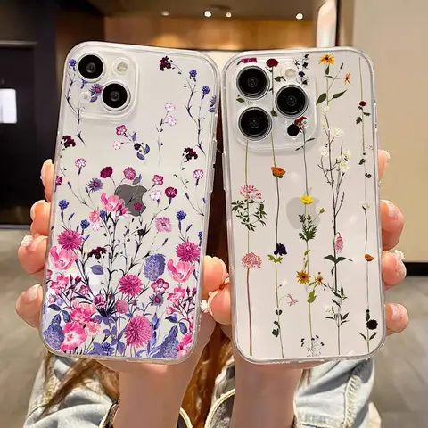 Cute Flower Painted Phone Case for IPhone 16 15 14 13 12 11 Pro Max Mini X XS SE2 7 8 14 Plus Clear Soft Cover Shockproof Fundas