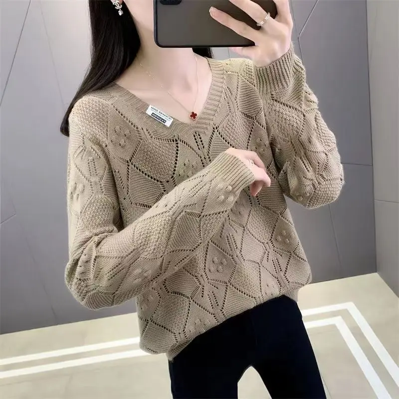 Spring Autumn Women\'s Clothing Pullover Solid Color Hook Flower Hollow Lantern Long Sleeve V-Neck Sweater Knitted Casual Tops