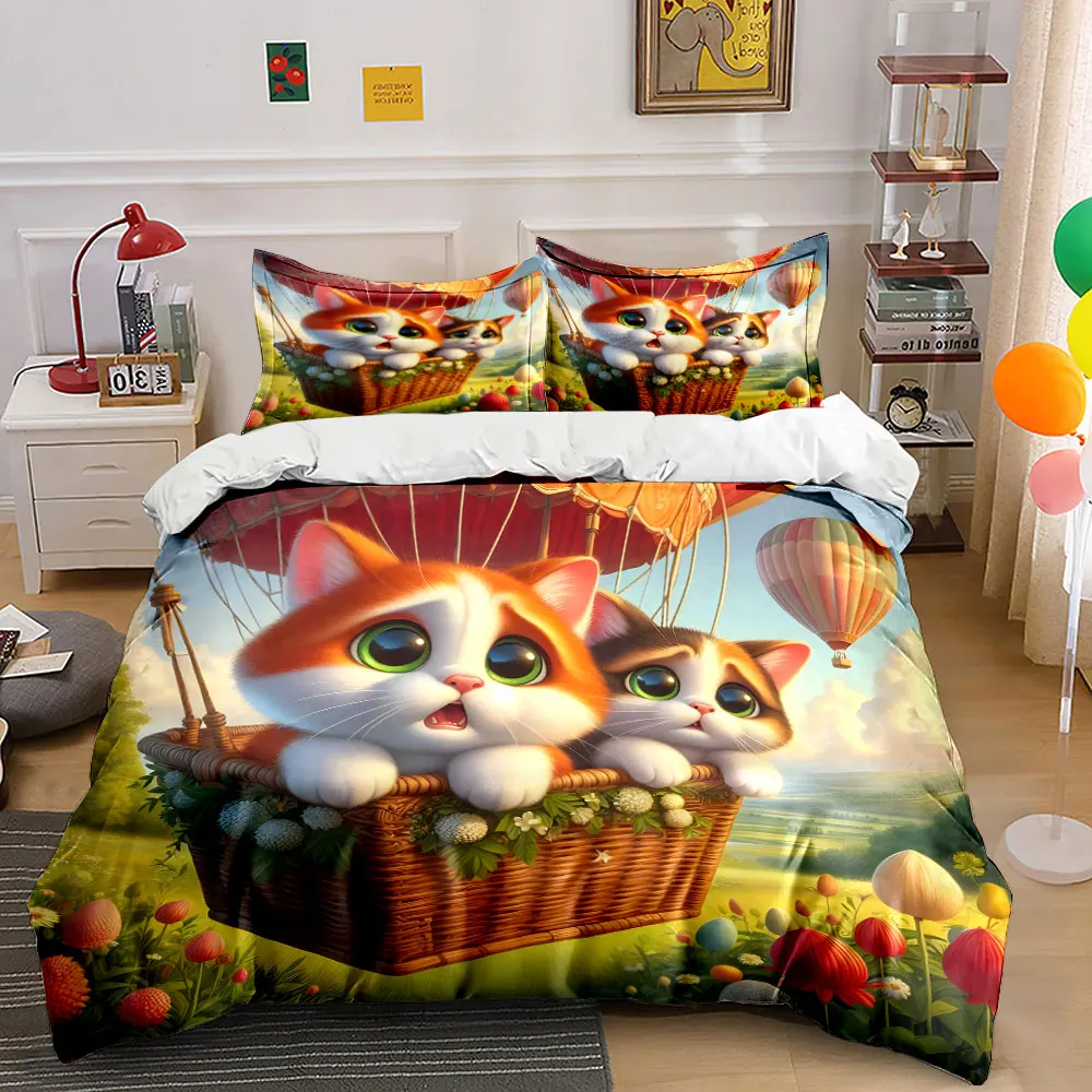 

Balloon journey with cats Pattern Duvet Cover Set Digital Print Colorful Polyester Bedding with Zipper Closur for kids gifts