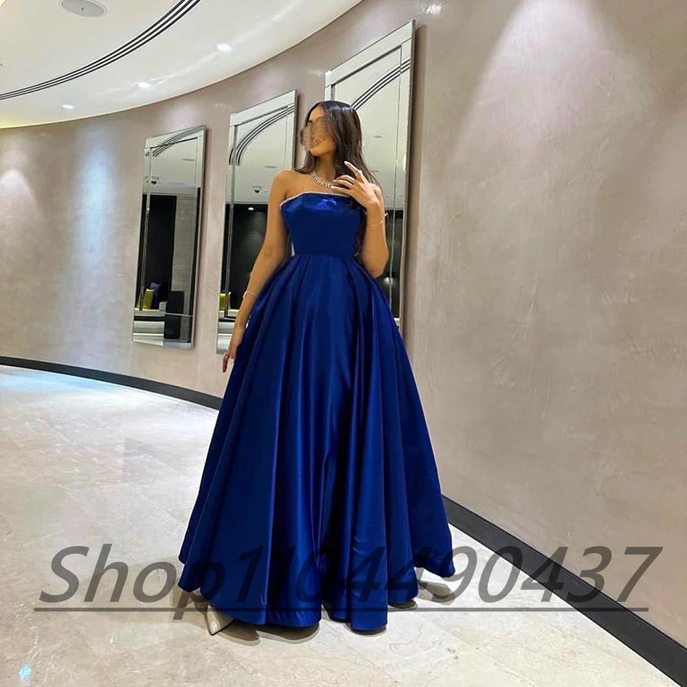 Customized Simple Blue Strapless A-line Formal Evening Dress Crystal Backless Draped Floor Length Sleeveless Party Prom Gown