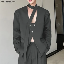 INCERUN Men Fashion Blazer Strap Halter Neck Long Sleeve V Neck Hollow Out Sexy Party Wear Suit Stylish Male Outfits Coat