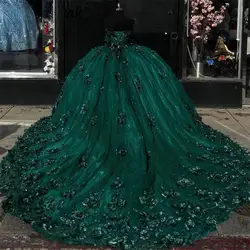 Emerald Green Princess Quinceanera Dresses Beaded Flowers Appliques Pearls Floral Vestidos De 15 Años Ball Gown Prom Party Gown