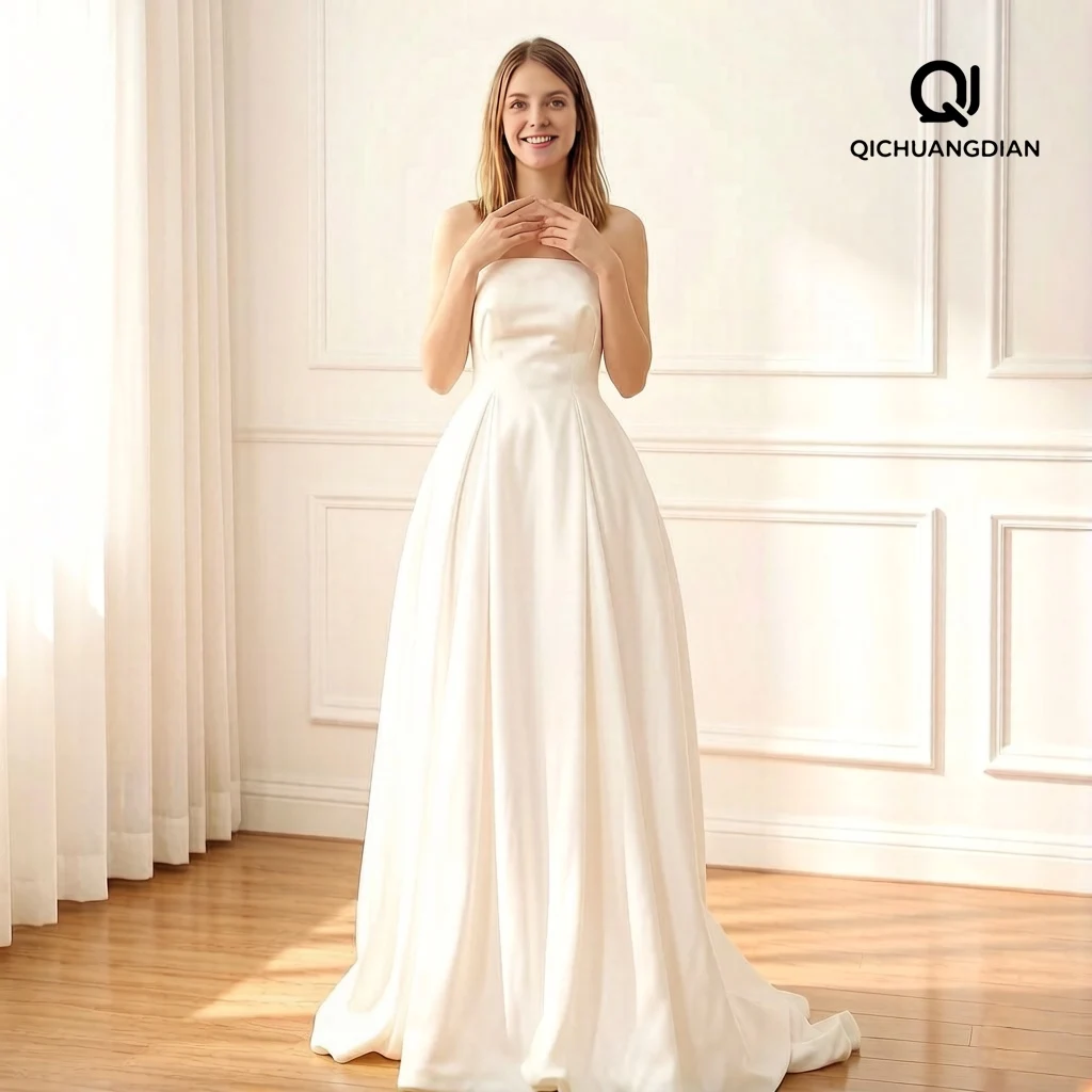 

Customized A-line Wedding Dress Strapless Zipper Bridal Dresses Sleeveless Satin Vestido De Noiva robe de mariée For Women