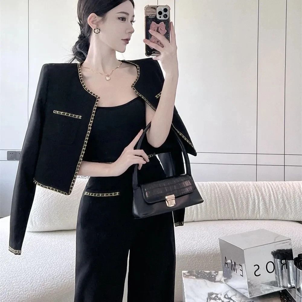 

Plus Size 3XL Women's Small Fragrance Wind Suits New Spring Autumn Fashion Sequin-paneled Top Lady Straight Trousers 2-piece Set