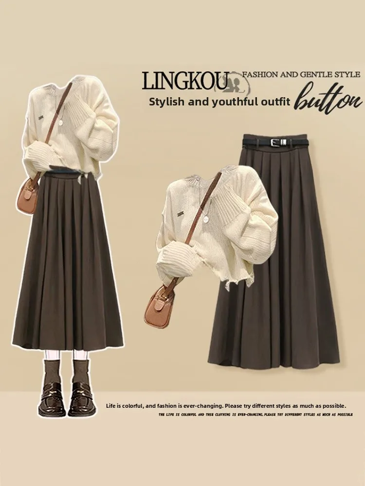 

Women's College Style Knitted Sweater And Skirt Set plus Size Autumn Fashion Slimming Gauze Skirt Two-Piece Ensemble