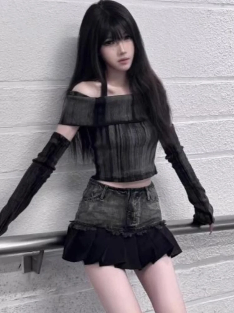 

American Retro Sexy Fashion 3 Piece Set Women Slash Neck Tops + Mini Skirt + Sleeve Harajuku Sweet Vintage High Street Outfits