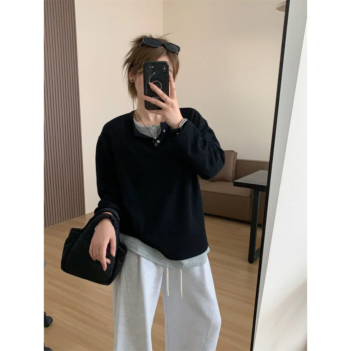 Fake Two Piece Pullover Hoodie For Women Autumn Loose Slimming Casual  2 In 1 Top T-shirt