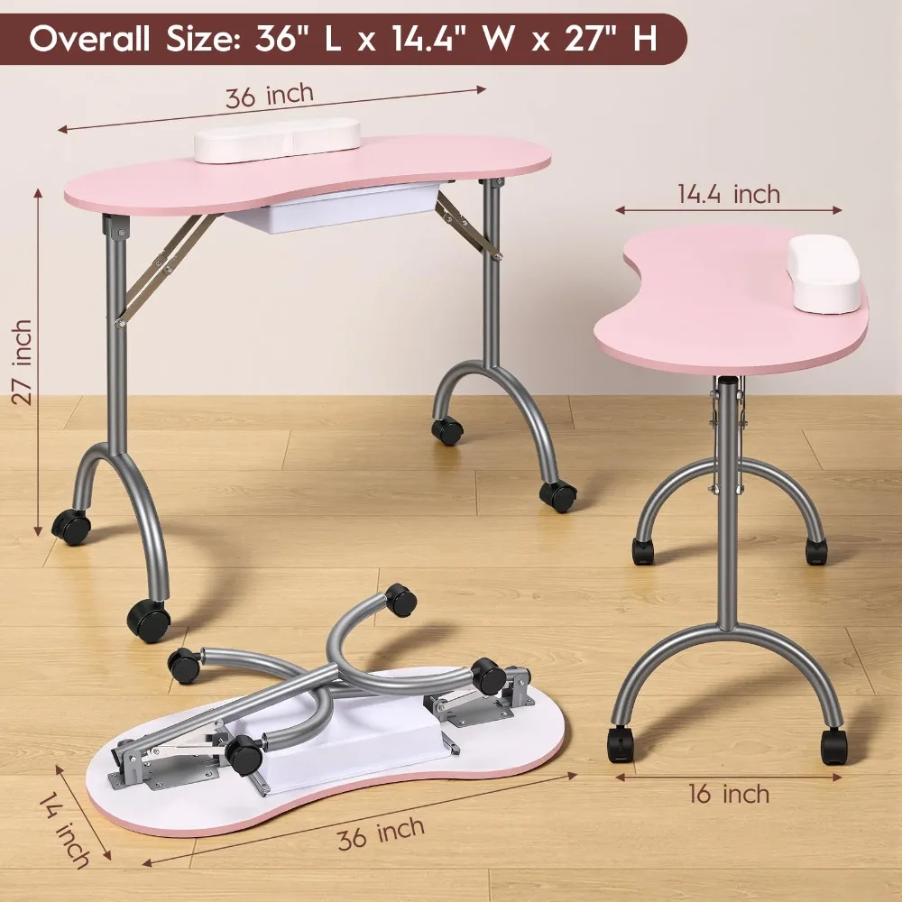 Portable Nail Desk,Foldable Manicure Table Drawer,Wrist Pad,Carry Bag