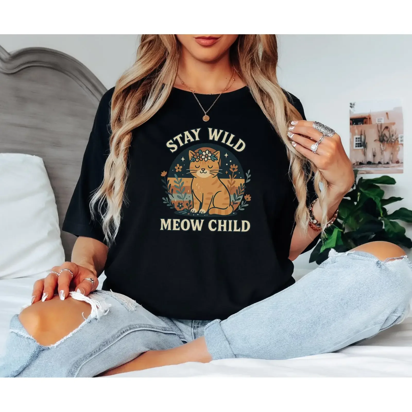 Stay Wild Meow Child Boho Cat T Shirt Cute Pet Themed for Shirtn Lovers Casual Daily Wear Clothing vintage Washed Breathable