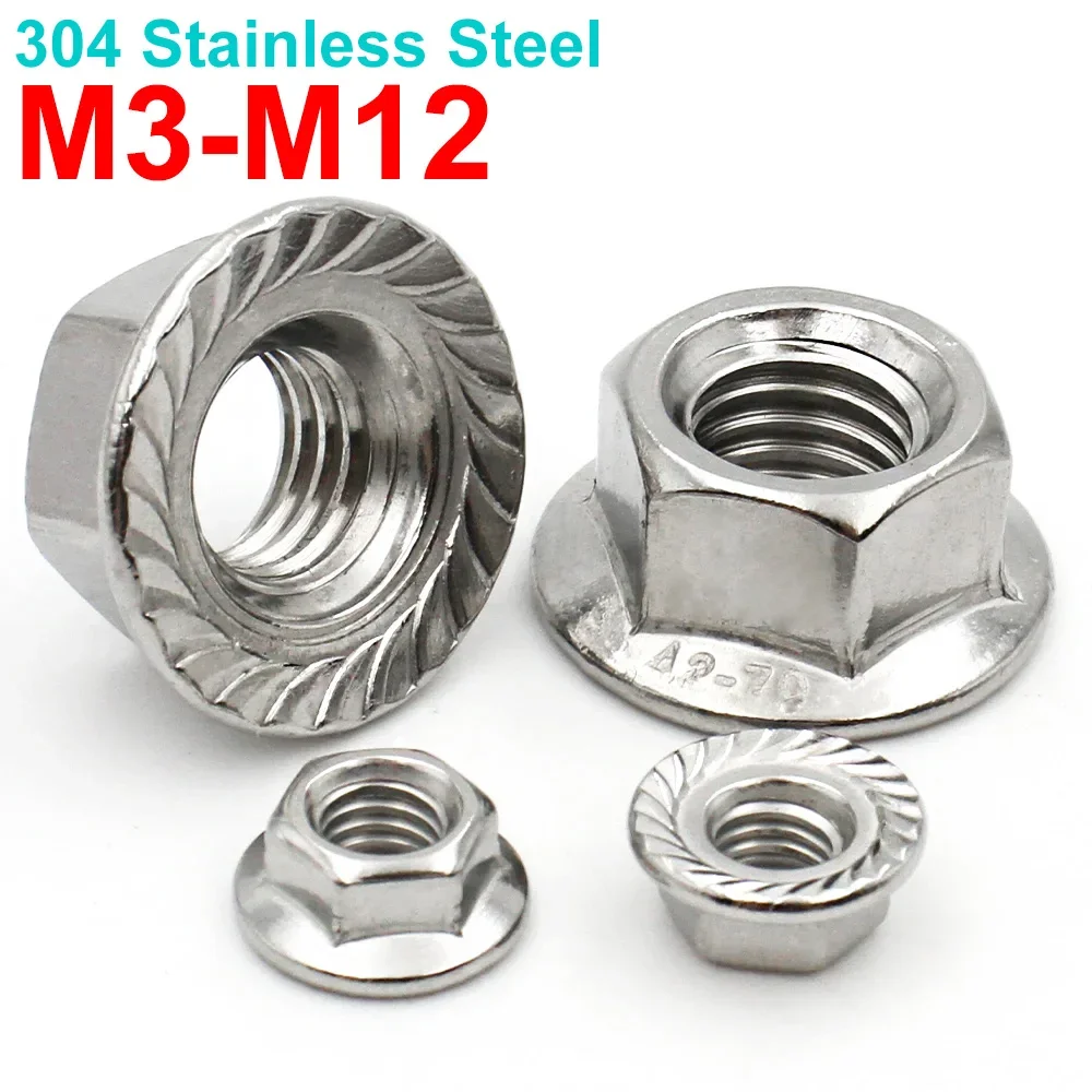 5/10/20/50pcs M3 M4 M5 M6 M8 M10 M12 A2-70 304 สแตนเลส DIN6923 Hexagon Hex หัว Serrated Spinlock FLANGE NUT ล็อค