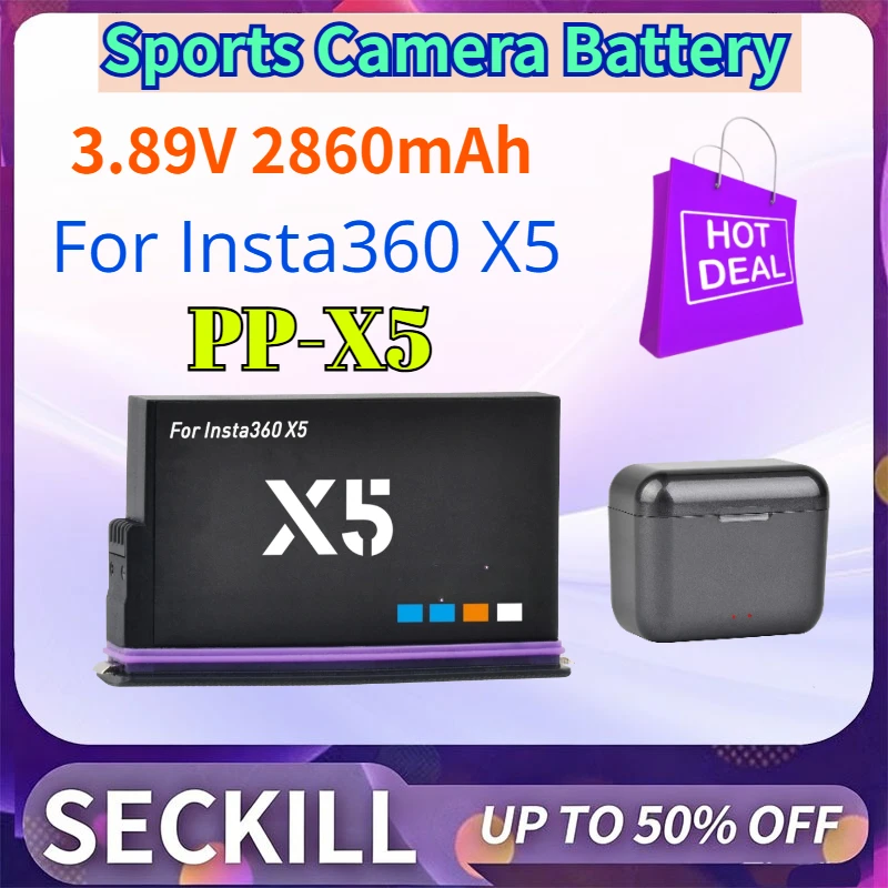 

3.89V 2860mAh PP-X5 Sports Camera Battery for Insta360 X5 Charger Box for Insta 360 X5 Action Camera Accessories