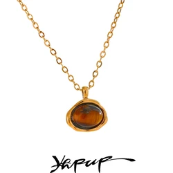 Yhpup Natural Tiger Stone Chic Cast Technology Necklace Pendant Stainless Steel Golden Chain Collar Trendy Jewelry for Women