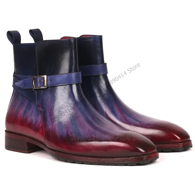 

Mixed Gradient Color Buckle Decor Square Toe Ankle Boots Fashion Slip On Men Shoes Luxury Handmade Party Banquet Men Dress Shoes