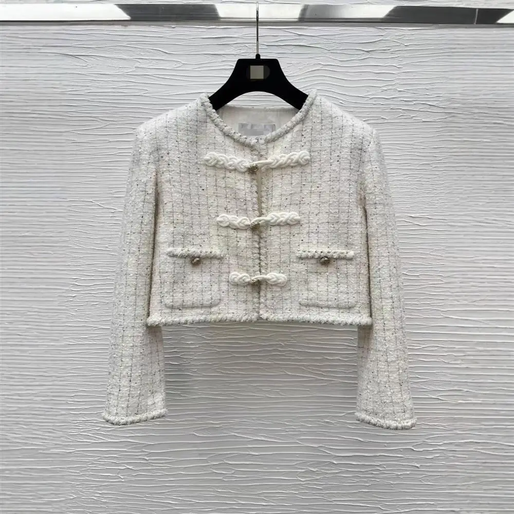 

Elegant Chinese Button Design round Neck Jacket Women's Premium Cotton Outerwear Gentle Style No Brand Registered Trademark