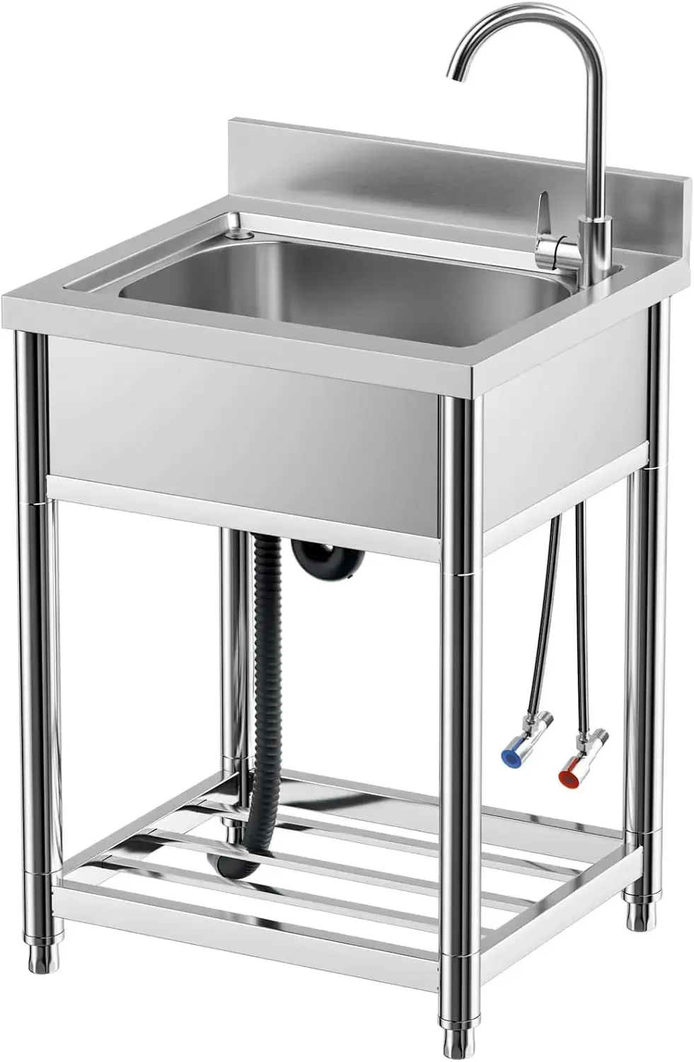 

Free Standing Stainless-Steel Single Bowl Commercial Restaurant Kitchen Sink Set w/Faucet, Prep & Utility Washing Hand Basin w/S