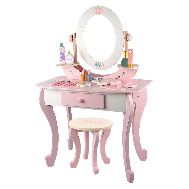 Education Kids Pretend Play Toys for Girls Makeup Set With Accessories Wooden Pink Dressing Table Toy