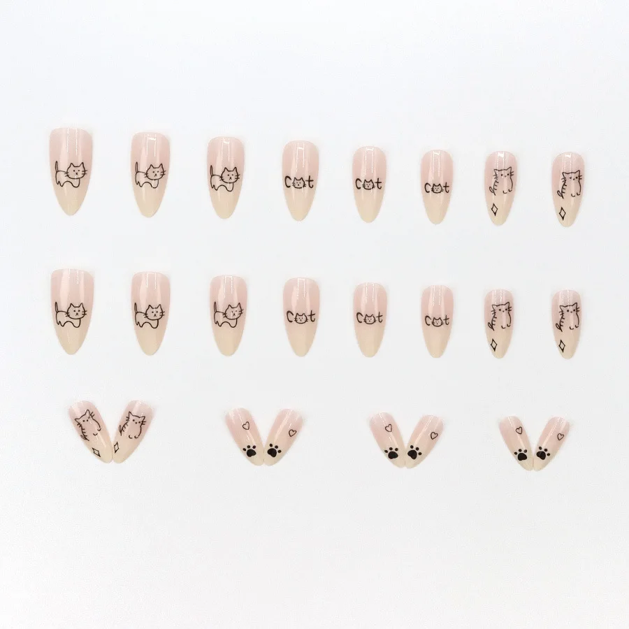 24개 네일 팁 귀여운 고양이 프레스온 아크릴 네일 중간 길이 스티커형 네일 여성용 인조 손톱 도구 포함 네일 세트