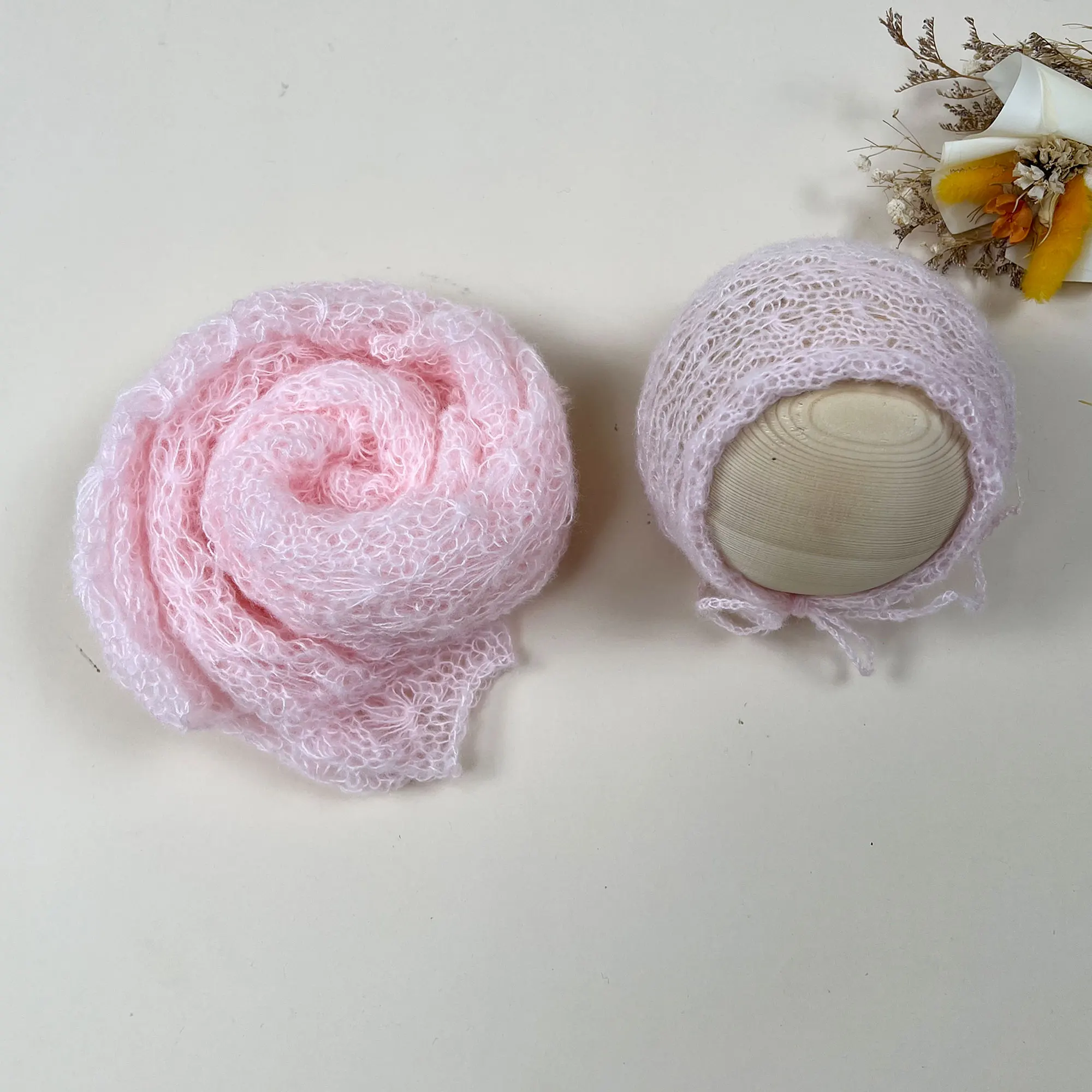 Don&Judy Newborn Photography Prop Strech Crochet Mohair Wrap Headwear Hat Sets Soft Baby Infant Swaddle Layer for Photo Shooting