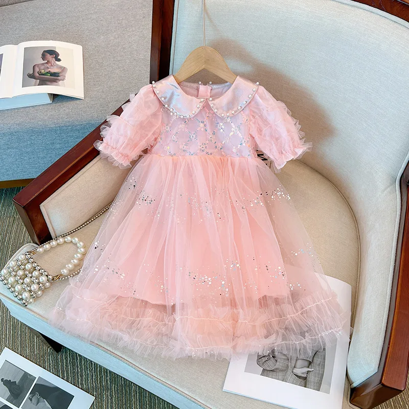 2024Girls New Spring, Summer, Autumn Pink Lace Dress Pearl Collar Sweet Short Sleeves and Dots Princess Dress