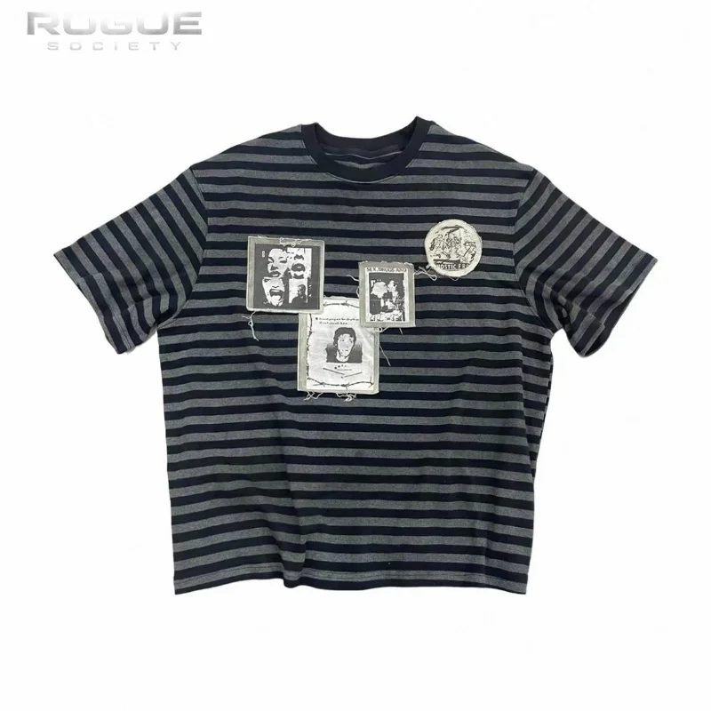 Luxury New American Y2k Striped Men Tshirt Patchwork Print Vintage Grunge Summer Trendy Casual Tops