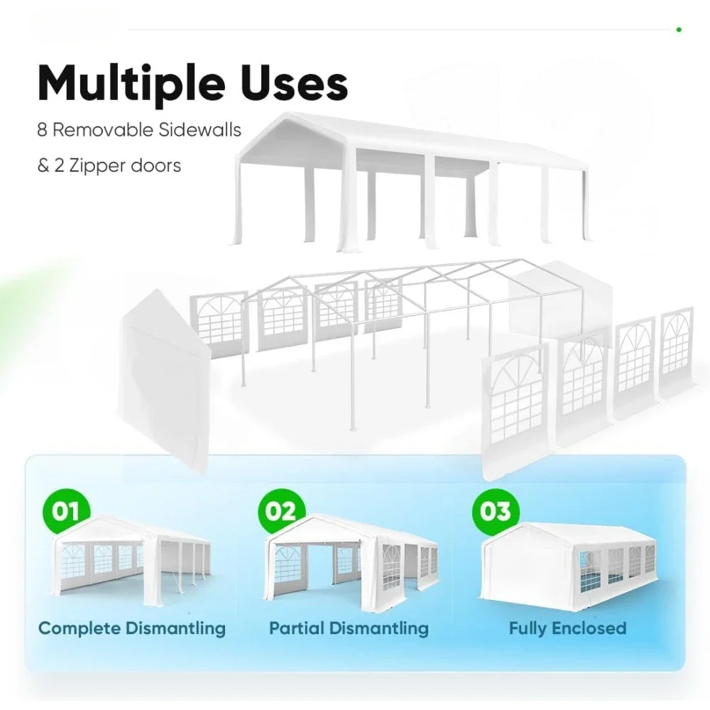 Carpa de fiesta para exteriores, Gazebo resistente, carpa de boda, toldo blanco, Carport con 8 ventanas laterales extraíbles y bolsas de almacenamiento