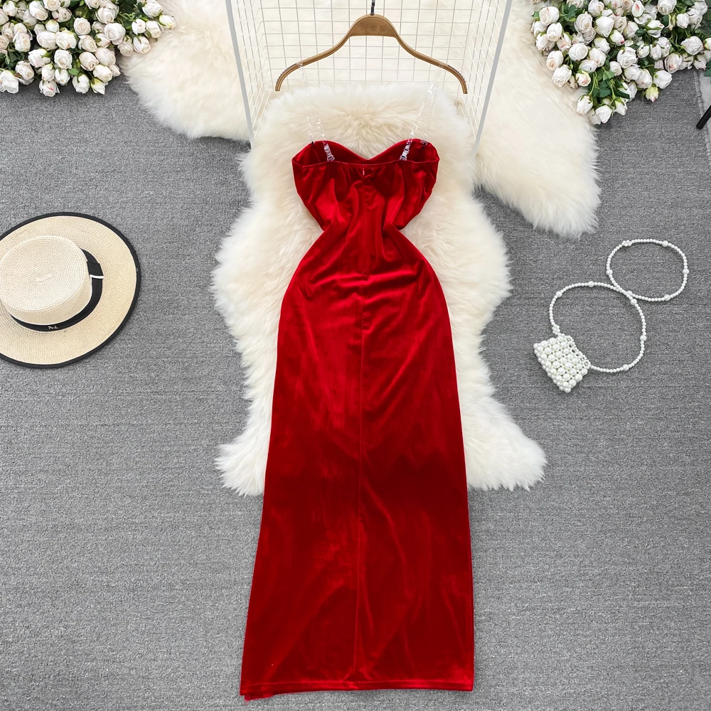 Spring Summer Sexy Maxi Dresses for Women Bodycon Velvet Strap Backless Female Robe Elegant Vintage Split Party Holiday New In