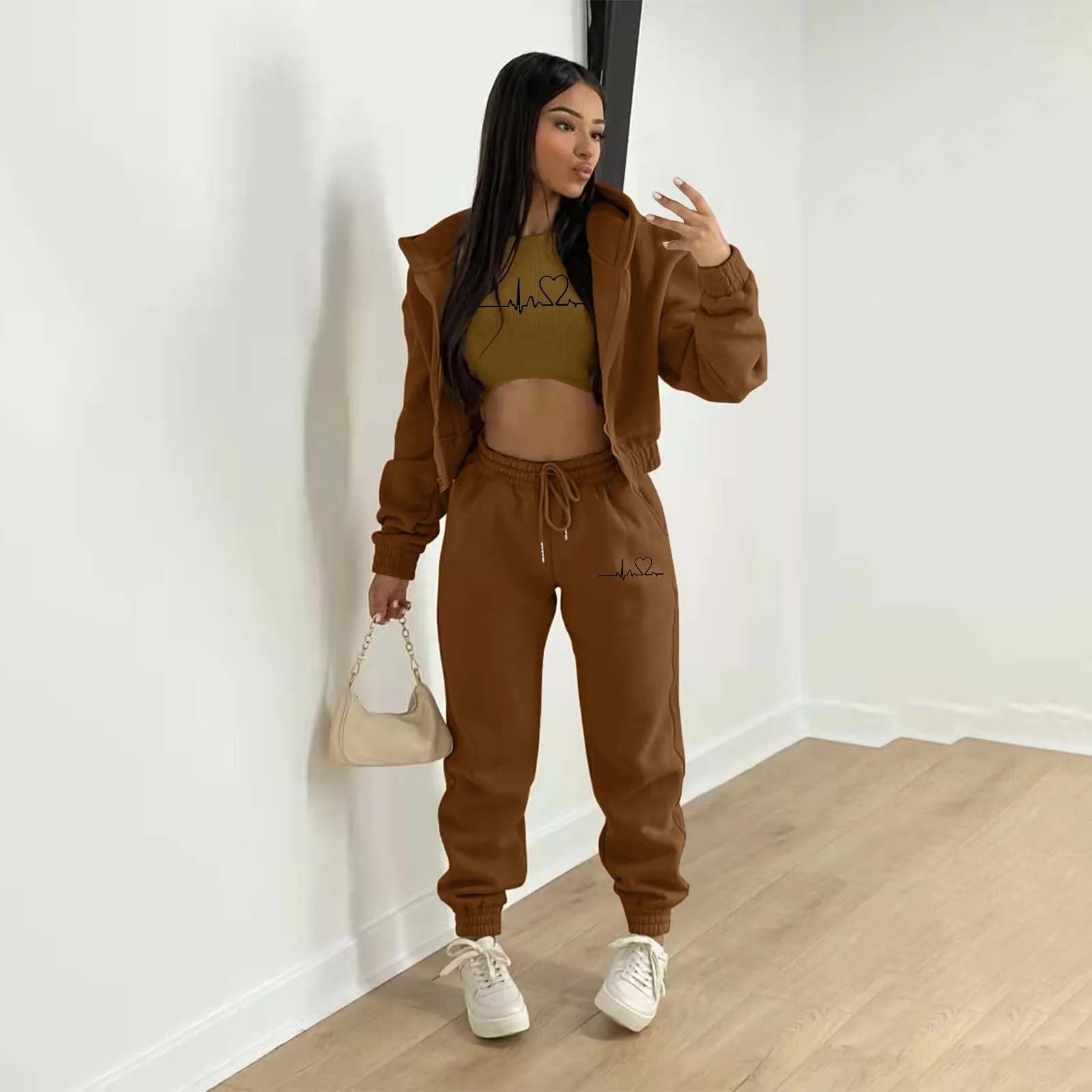 

Комплект из 3 предметов, женский модный темпераментный дизайнерский Повседневный однотонный спортивный костюм с длинным рукавом и воротником-стойкой, спортивный костюм, комплект